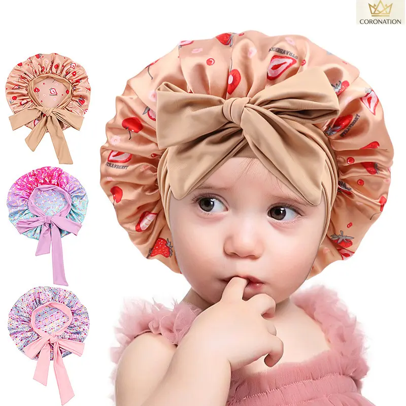 Satin Bonnet for Women & Girls, Cute Bow Cartoon Print Sleep Cap, Wide Elastic Band Satin Hair Bonnet for Frizz Control & Hair Protection, Soft Lightweight Night Hat for Sleeping, Bedtime & Travel