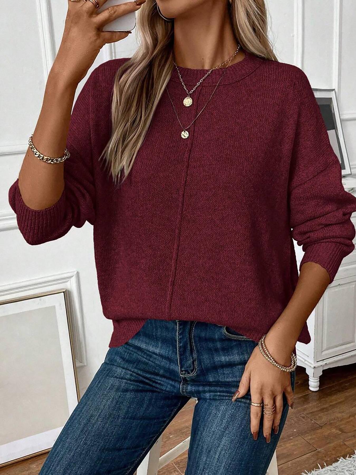 Women's Fall Winter Casual Fitted Knit Sweater, Round Neck Long Sleeve Pullover, Fashionable Simple Style, Versatile & Elegant Design Womenswear