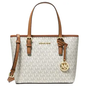Michael Kors MK Jet Set Monogram Tote Bag for Women – White with Brown Trim