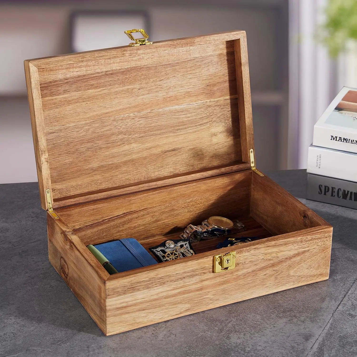 Acacia   Box - Lockable Memory Box with , Large Storage Box with Hinged Lid for Photos  Letters Mementos, Rustic Wooden Treasure Chest for Wedding Birthday Graduation