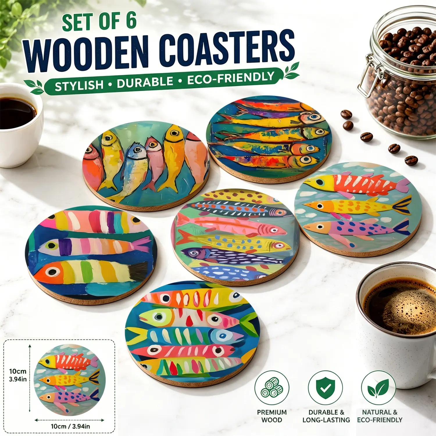 6PCS Colorful Fish Wooden Coasters | Tropical Folk Art Design | Abstract Fish School & Sea Life | Coastal Summer Home Decor | Coffee Bar & Table Mat | Eco Wood Heat Resistant 🐟
