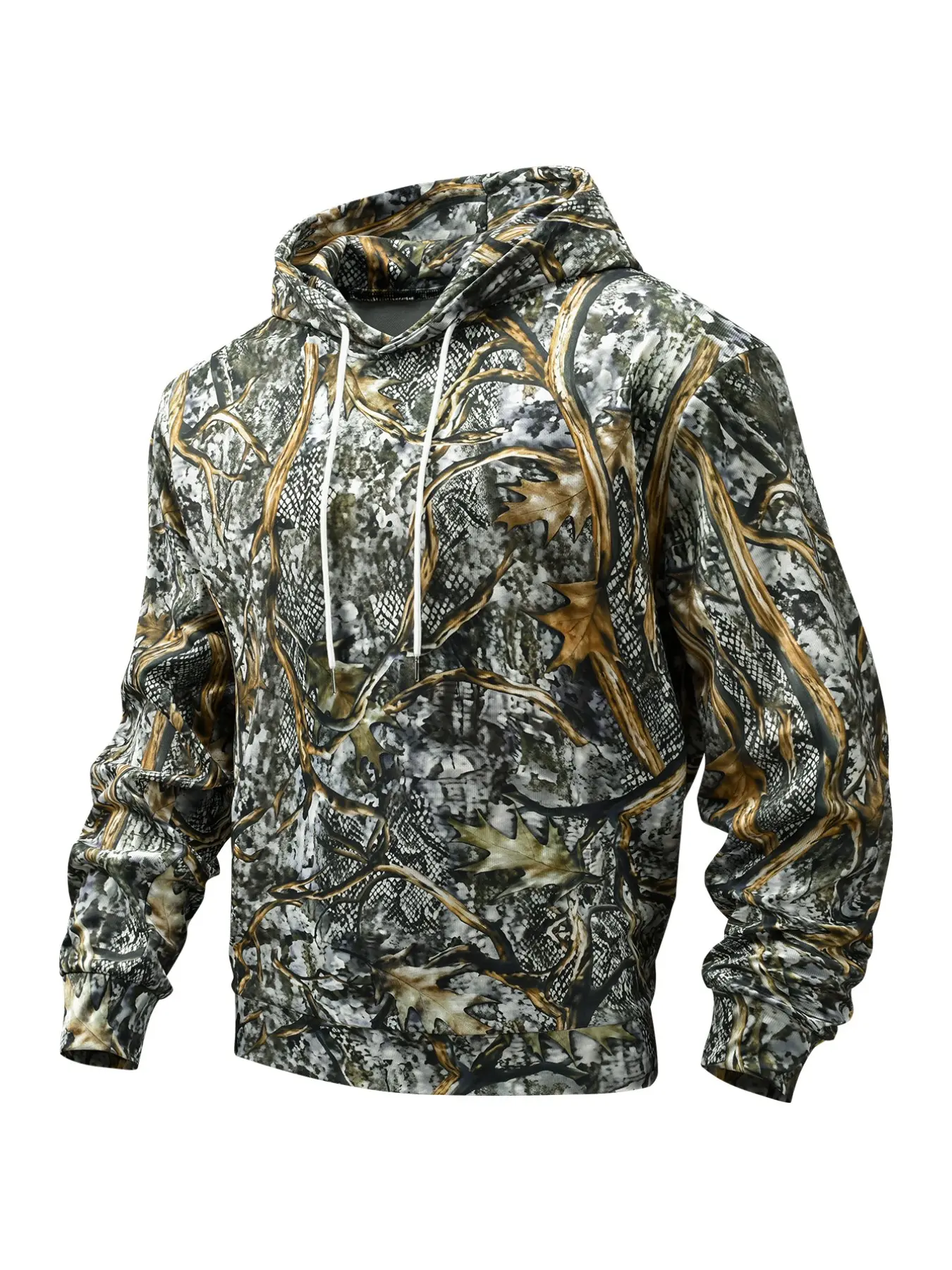 Men's Camouflage Hoodie with Drawstring Hat, Long Sleeve, Loose Fit, Outdoor Hunting, Casual Sporty Pullover, Jungle Leaf Branch Design