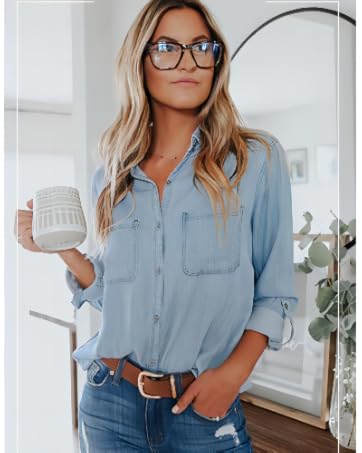 FMEYOA Women's Button Down Denim Shirt Casual Collared Long Sleeve Pocket Blouses