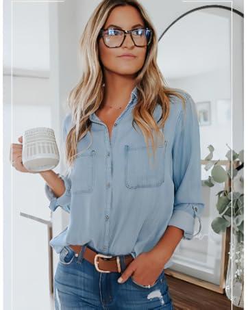 FMEYOA Women's Button Down Denim Shirt Casual Collared Long Sleeve Pocket Blouses