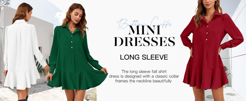 FMEYOA Womens Casual Button Down Shirt Dress Long Sleeve Collared Pleated Swing Mini Dresses