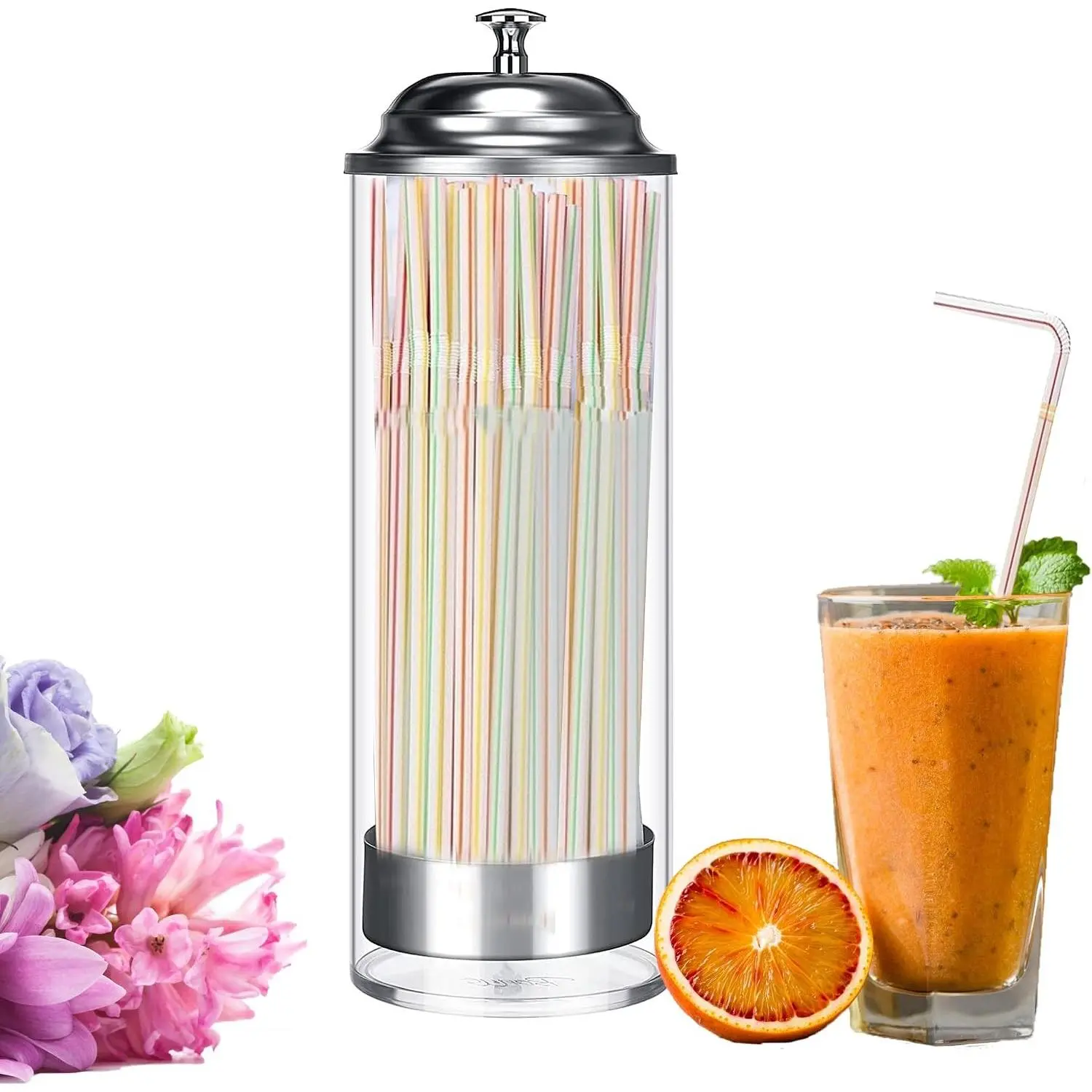 Straw Dispenser for Pencils with Stainless Steel Lid, Clear Acrylic Straw Holder, 100 Striped Plastic Straws