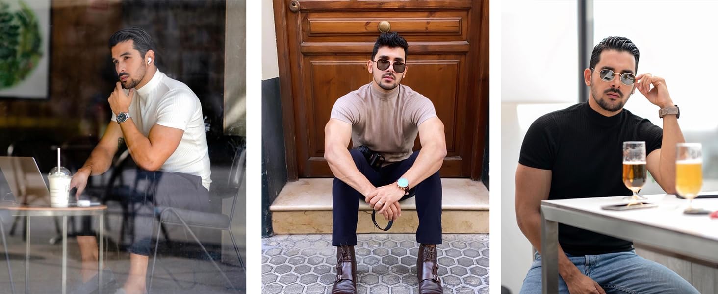 PASLTER Casual Slim Fit Basic Tops Short Sleeve Shirt Turtleneck T Shirts Rib Knitted Stretch Pullover Sweater PQ4654 Knitwear Menswear