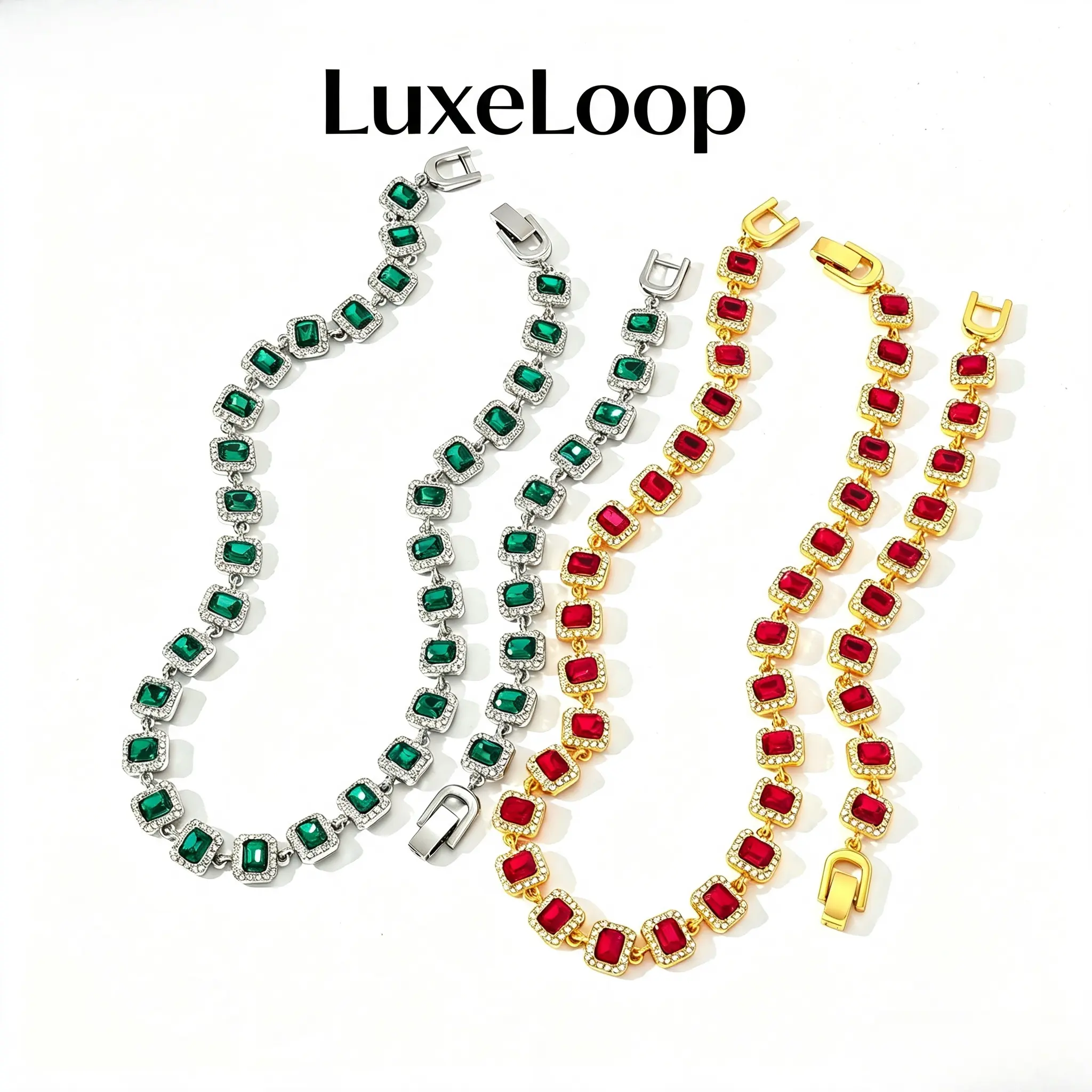 LuxeLoop Unisex Bust Down Cushion Square Halo Tennis Chain Full Paved Red Emerald Green Glass Crystal Gold Silver Tone Secure Box Clasp Stackable Y2K Coquette Aesthetic Hip Hop Drip Rapper Celebrity Style Daily Club Birthday Valentine Gift for Him Her