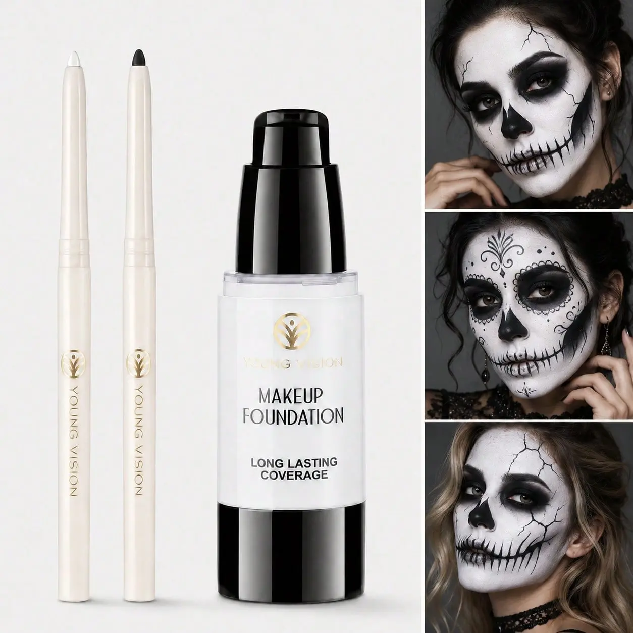 3-Piece Face Makeup Set: 1 Bottle Of White Foundation, Concealing, Matte, Long-Lasting, Waterproof And Sweatproof Foundation Base; 1 White Eyeliner And 1 Black Gel Eyeliner; Halloween Party/Cosplay Makeup Set.