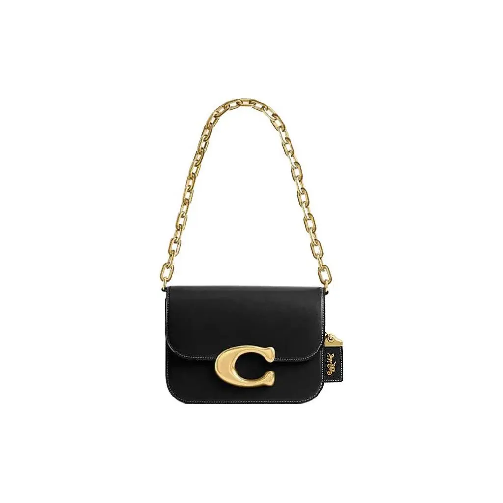 COACH Idol 21 Crossbody Bag for Women – Gold Logo Chain Magnetic Flap Closure, Black Leather Messenger Bag