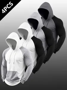 Men's Fall Winter Hooded Patchwork Sweatshirt, Unique Design, Elastic Breathable Training Running Casual Long Sleeve, with Pockets