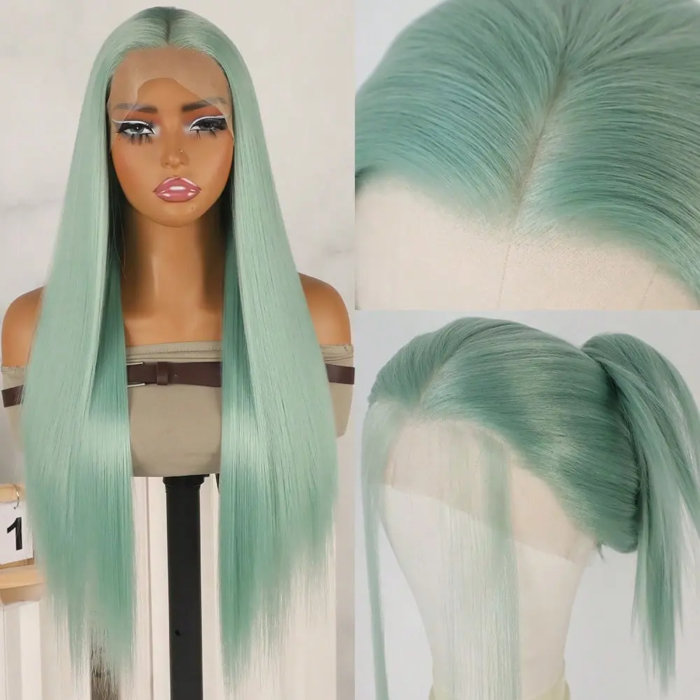 Mint Green Lace Front Wigs for Women Long Silky Straight Synthetic Hair Replacement Wig Glueless 13x4 Free Part HD Lace Pre Plucked Natural Hairline 26 Inch 180% Density Heat Resistant Fiber Wig for Daily Party Use Ready To Wear