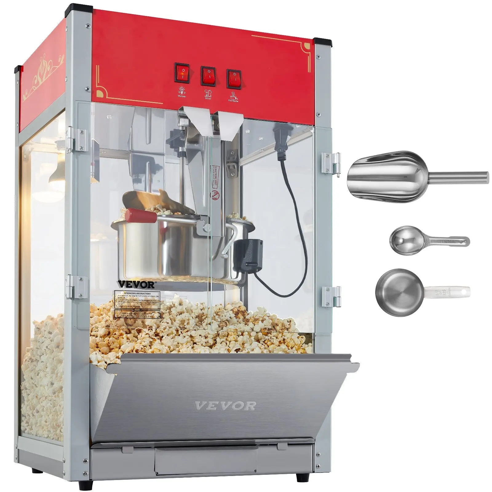 【DealsForYouDays】VEVOR Popcorn Maker, 1440W Popcorn Popper Machine, 12 Oz Kettle Makes 80 Cups per Batch, Countertop Popcorn Maker with Tempered Glass, 3 Stainless Steel Scoops, Movie Theater Style, Red