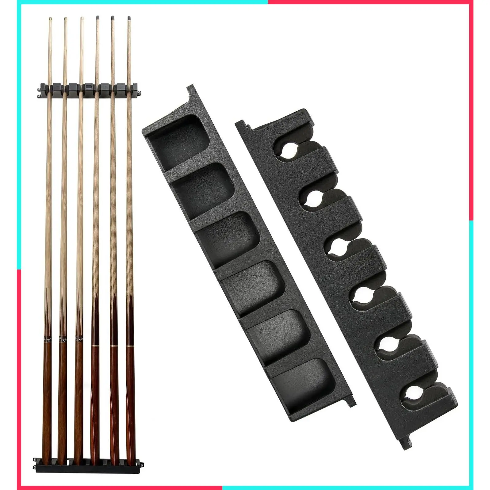 Wall Mount Pool Cue Holder for 6 Cues, Space Saving Billiard Stick Rack