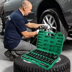 1/2 Inch Deep Impact Socket Set with Green Storage Case for Tire Removal Mechanical Repairs Car Maintenance Works with Electric Pneumatic Drills Metric