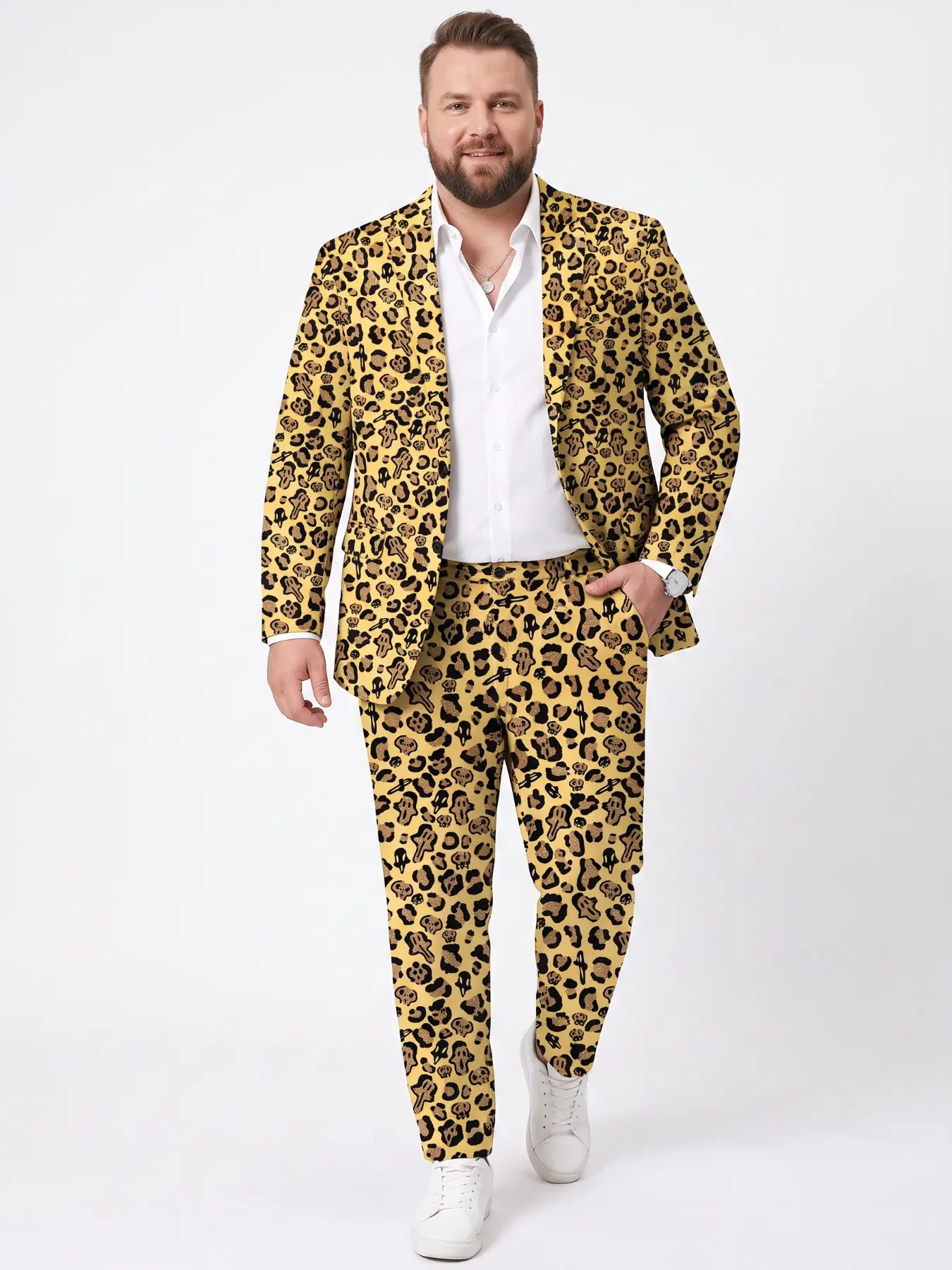Plus-size men's yellow leopard print All Over Print suit set, trendy printed casual blazer and pants set for parties, performances, and stylish formal wear