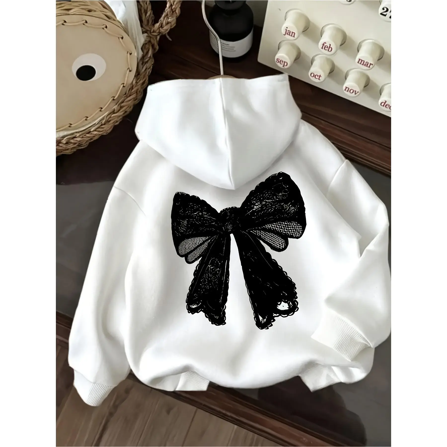 Women's Casual Bowknot Graphic Print Hooded Sweatshirt - Relaxed Fit, Lightweight Pullover for Autumn and Winter, Machine Washable, Street Style, Fashionable Hoodie, Soft Texture, Women's Fashion Hoodie