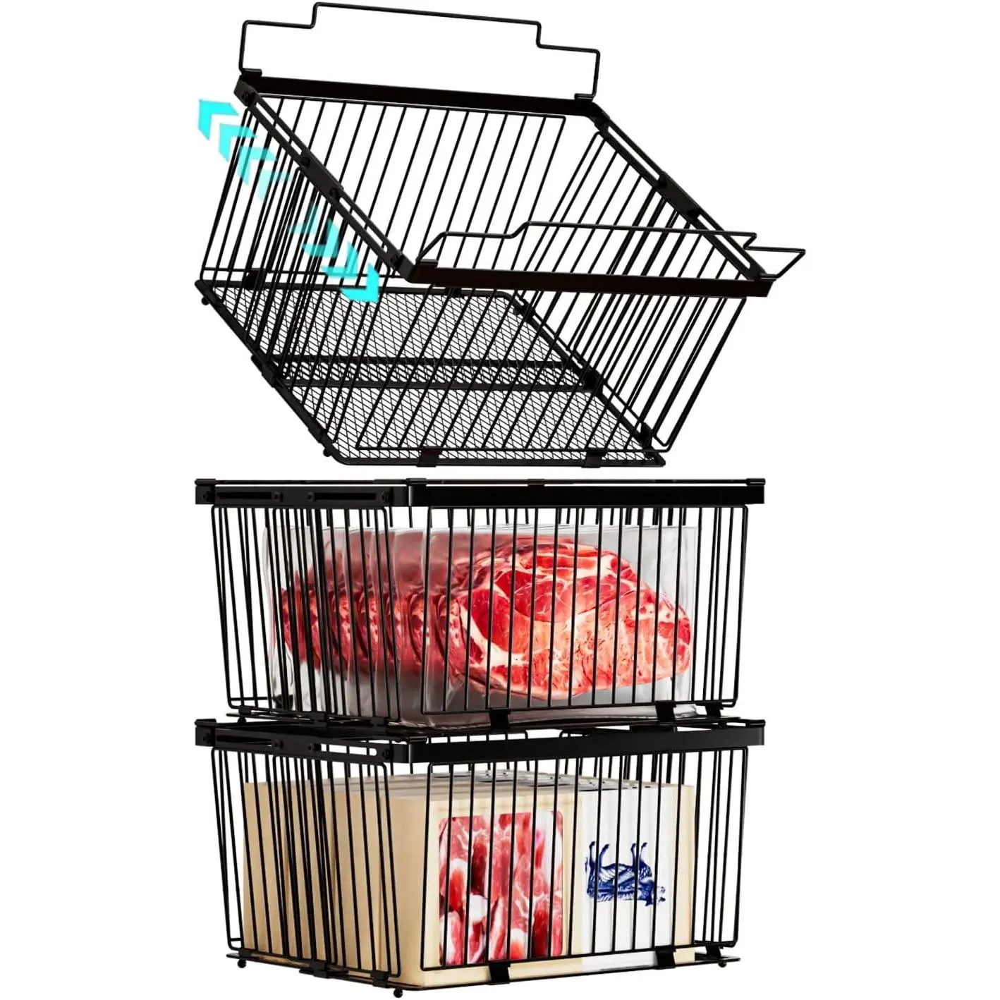 Large Freezer Organizer Bins，Upgraded Bottom Leak-Proof net，Fit 5 to 9 Cu Ft Chest Freezer，3 Pack， Expandable Stackable Chest Freezer Containers with Handle (Black-3Pack)