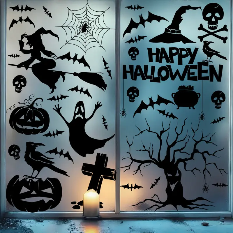 Halloween Static Window Clings, Black Silhouette Witch Ghost Pumpkin Bat Spider Web Skull Tree Cross Crow No-Adhesive Glass Stickers, Reusable Window Decals for Shop Home Front Door Halloween Party Decor