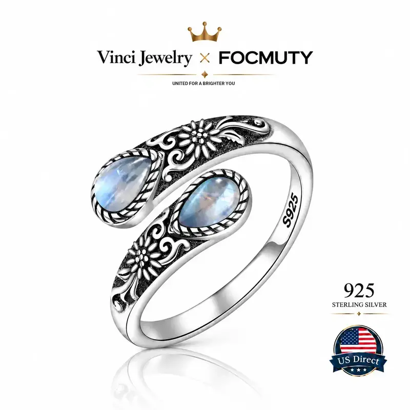 FOCMUTY S925 Sterling Silver Moonstone Synthetic Women's Adjustable Thumb Open Ring, Victoria Vintage Style Hypoallergenic Nickel Free, Retro Floral, Lucky, Faith, Mother's Love Ring, Bohemian Style, Daily, Party, Holiday, Valentine's Day, Halloween