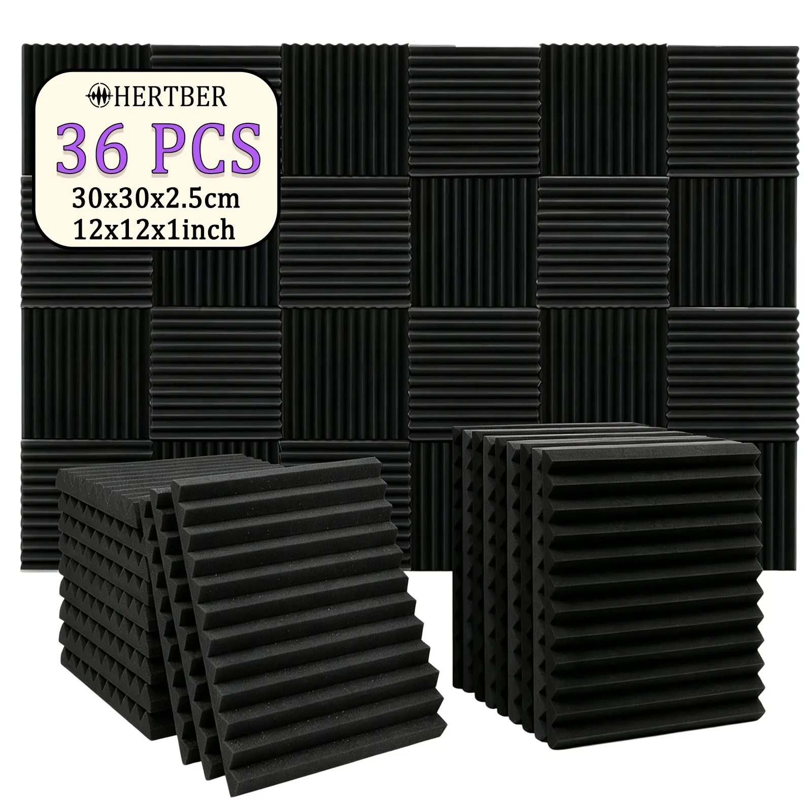 Hertber Acoustic Foam Panels, 36pcs High Density Soundproofing, Flexible Assembly, Ideal for Recording Studios, Gaming Rooms, Home Offices