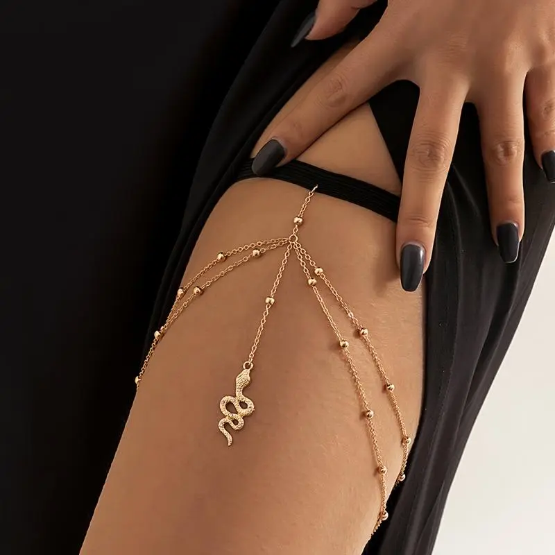 Women's Golden Body Jewellery - Female Elastic Band Waist Chain with Snake Pendant, Multi-Tassel Layers & Copper Beads for Sports & Outdoor Protective Gear Accessories, Adults, Body Chain, Evening, Body Jewelry Set
