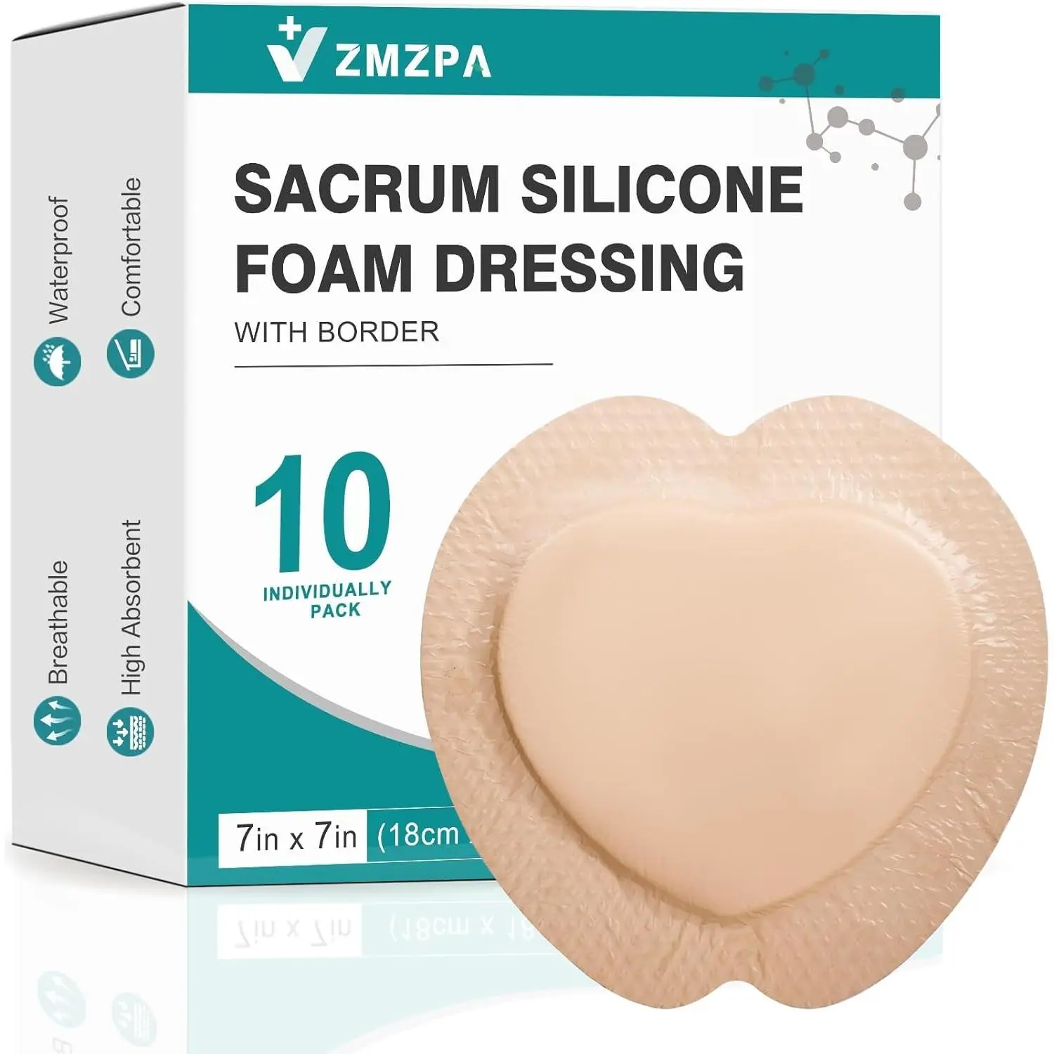 Silicone Foam Dressing with Border, 7x7in Large Bandage for Bed Sore Care & Buttocks Pressure Relief, Super Absorbent Waterproof Pads (10)