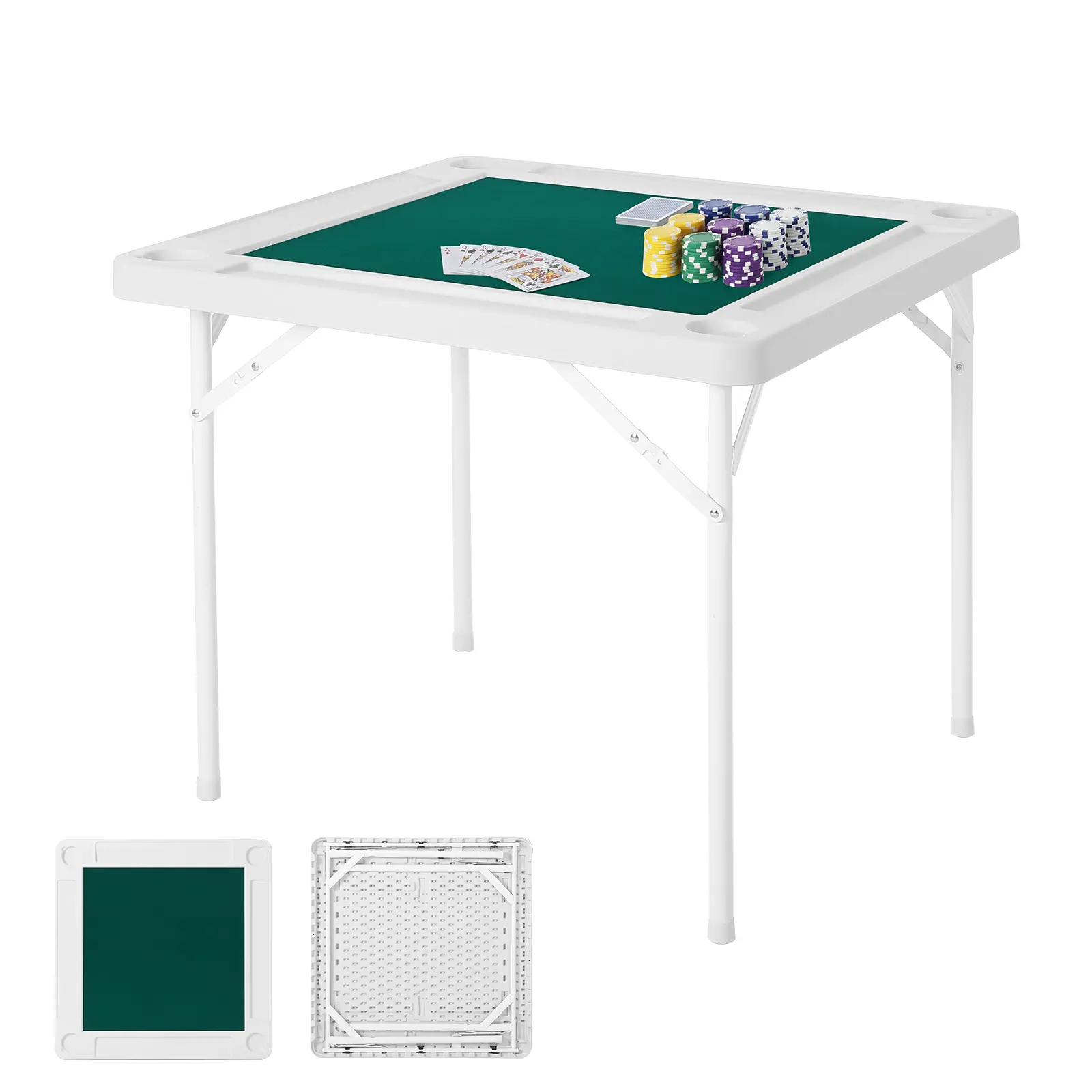 35in Folding Mahjong Table, Portable Square 4-Player Game & Card Table - Removable Green Mat, HDPE Top, Metal Legs - 4 Cup Holders & Chip Trays