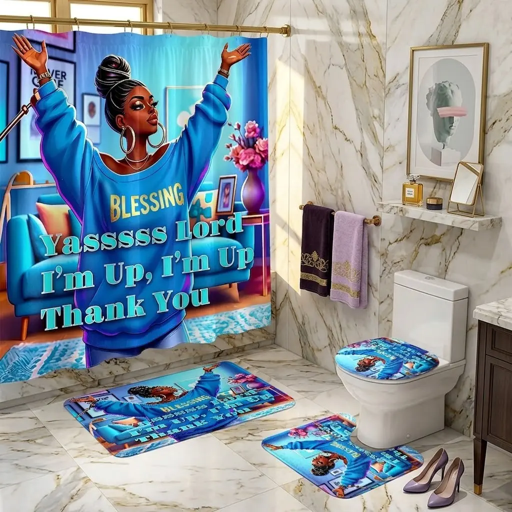 4pcs Blessing and inspirational quotes for empowered Black women printed shower curtain set, faith-themed bathroom set, including toilet seat cover and matching bath mat, with thicker and softer mat fabric! Stylish and artistic bathroom decor