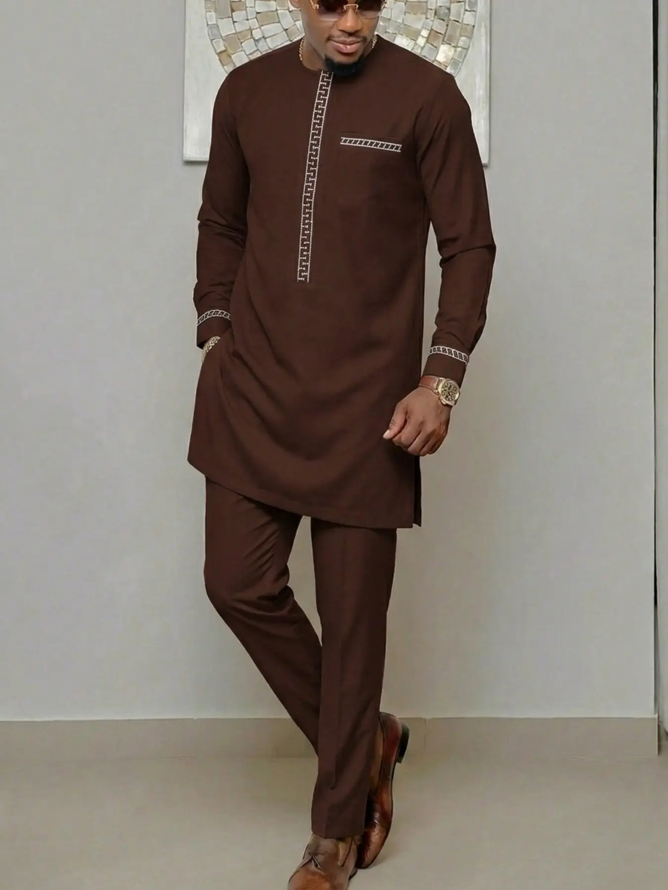 Men's 2-Piece Set, Muslim Style Modest Round Neck Long Sleeve Embroidered Kaftan, African Men's Casual Suit, Wedding Festival Business Gift, Outfits, For Muslim, Modesty