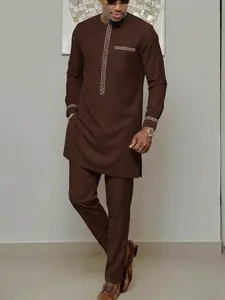 Men's 2-Piece Set, Muslim Style Modest Round Neck Long Sleeve Embroidered Kaftan, African Men's Casual Suit, Wedding Festival Business Gift, Outfits