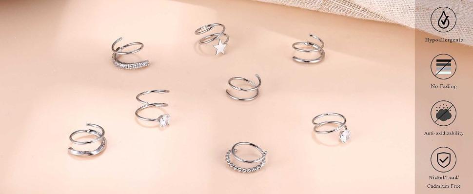 FUNRUN 2Pairs 925 Sterling Silver Twist Wrap Spiral Earrings for Women Double Hoop Climber Cuff Earrings Hypoallergenic CZ Cartilage Piercing Earrings