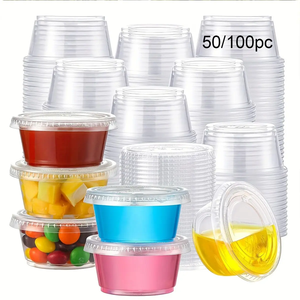 50/100 Set 2oz Leak-Proof Spice Containers, Reusable Transparent Plastic Cups, Ideal for Salad Dressing, Sauces, Jellies, Food Samples