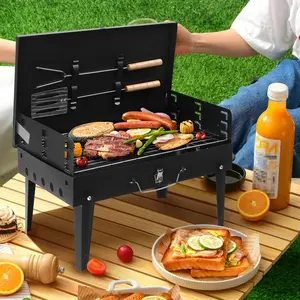 17.32 *10.63*2.76in Foldable Portable Charcoal BBQ Grill, Multi-Functional Tabletop Barbecue Grill With Lid & Skewer Holders, Compact Mini Grill For Camping, Beach, Picnic, Tailgating & Backyard Outdoor Cooking