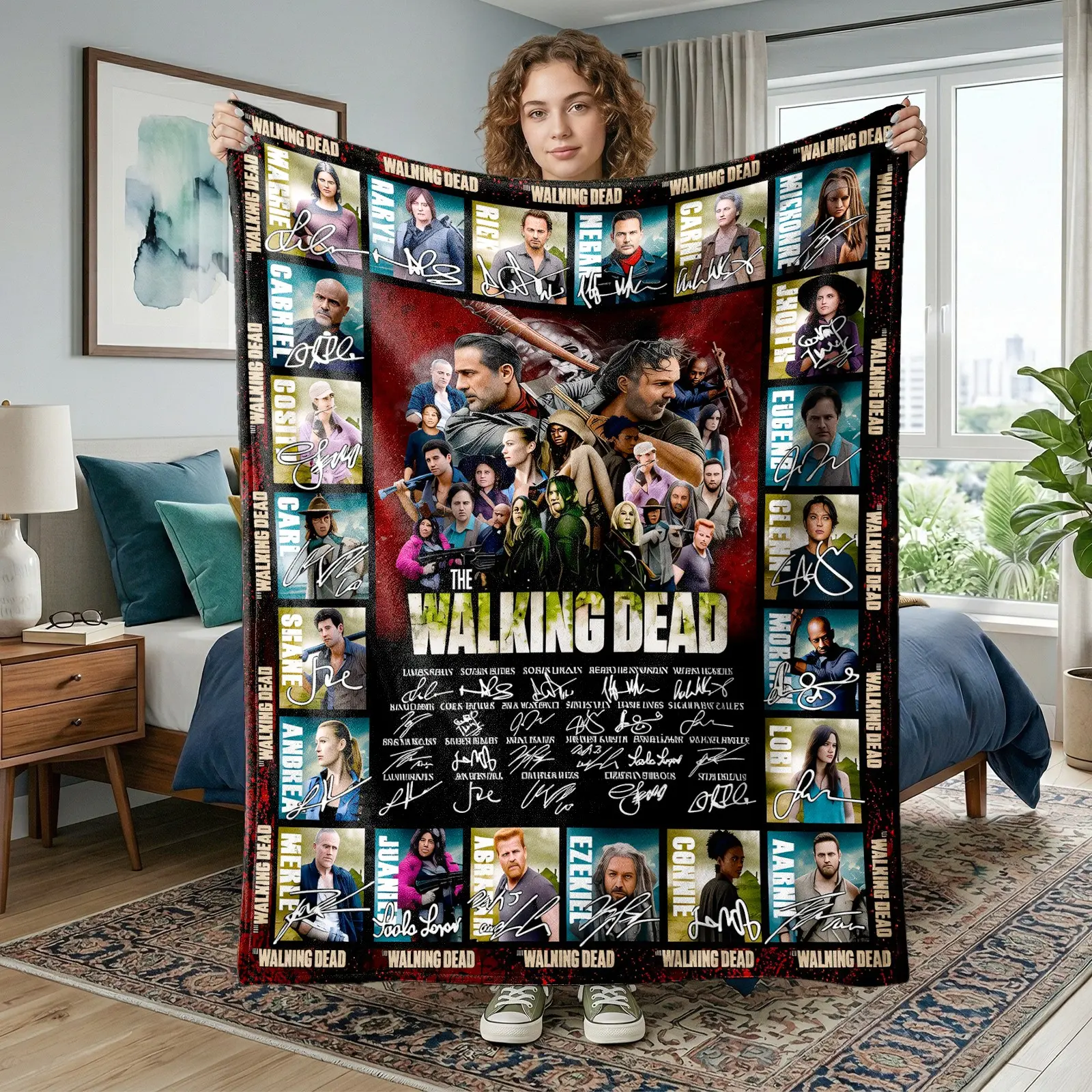 1pc The Walking Dead Character Signature Collage Fleece Blanket, Multifunctional Blanket, Dark Red Grunge Background Rick Daryl All Cast Portrait Autograph Horror Show Print. Soft Warm Throw for Sofa, Bed, Office, Halloween & Birthday Gift