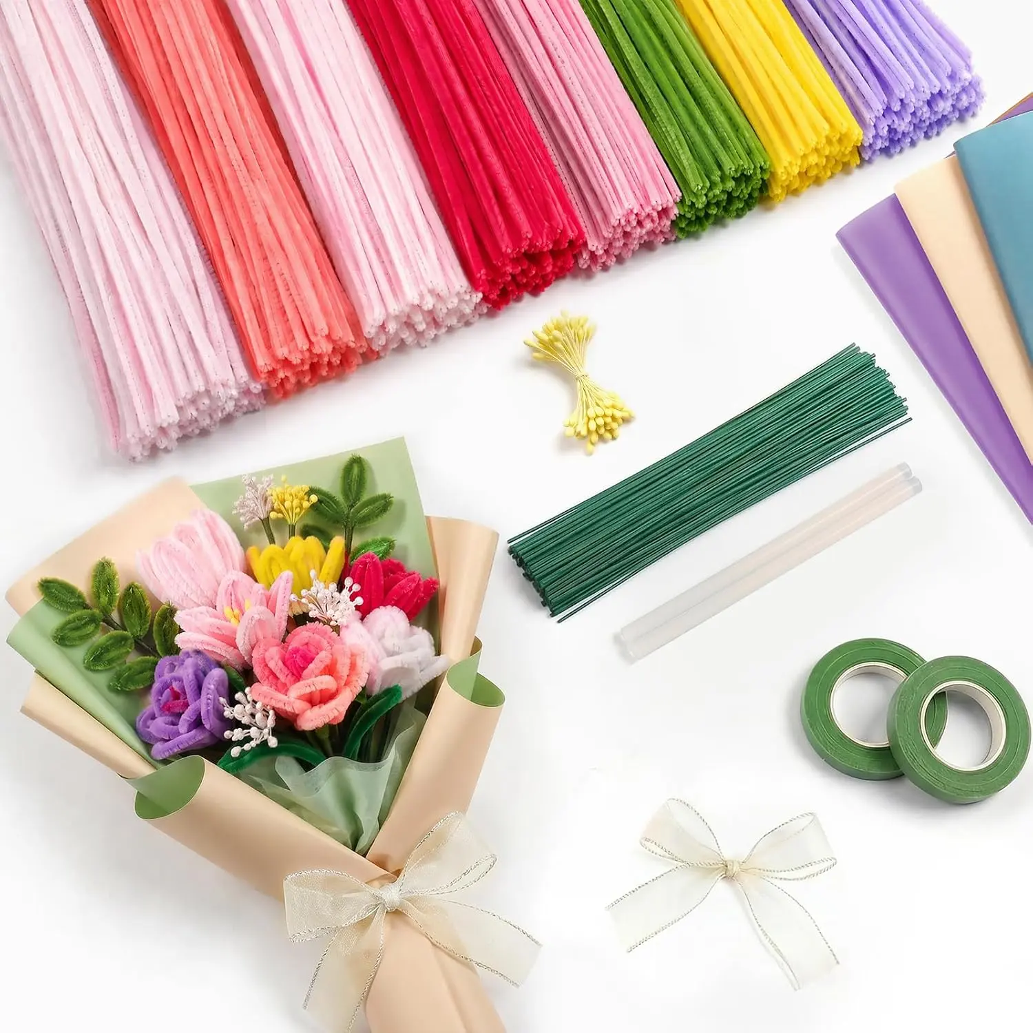 520 count  Pipe Cleaners  Kit with Tutorial, 8 Colors Pipe Cleaners Bulk,  Craft Pipe Cleaners for DIY Bouquet, Chenille Stems Flower Making Kit for Art DIY