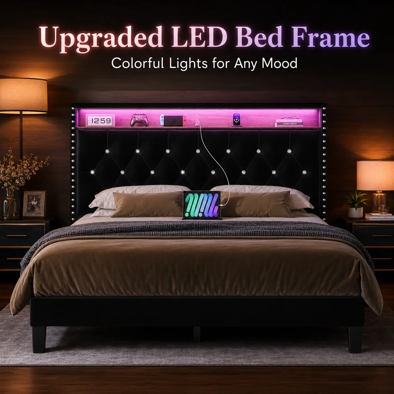 Modern LED Velvet Upholstered Bed Frame, Diamond Tufted Storage Shelf Headboard With USB Charging Station, Built-In LED Strip, No Box Spring Needed, White & Black, Full Queen King Sizes