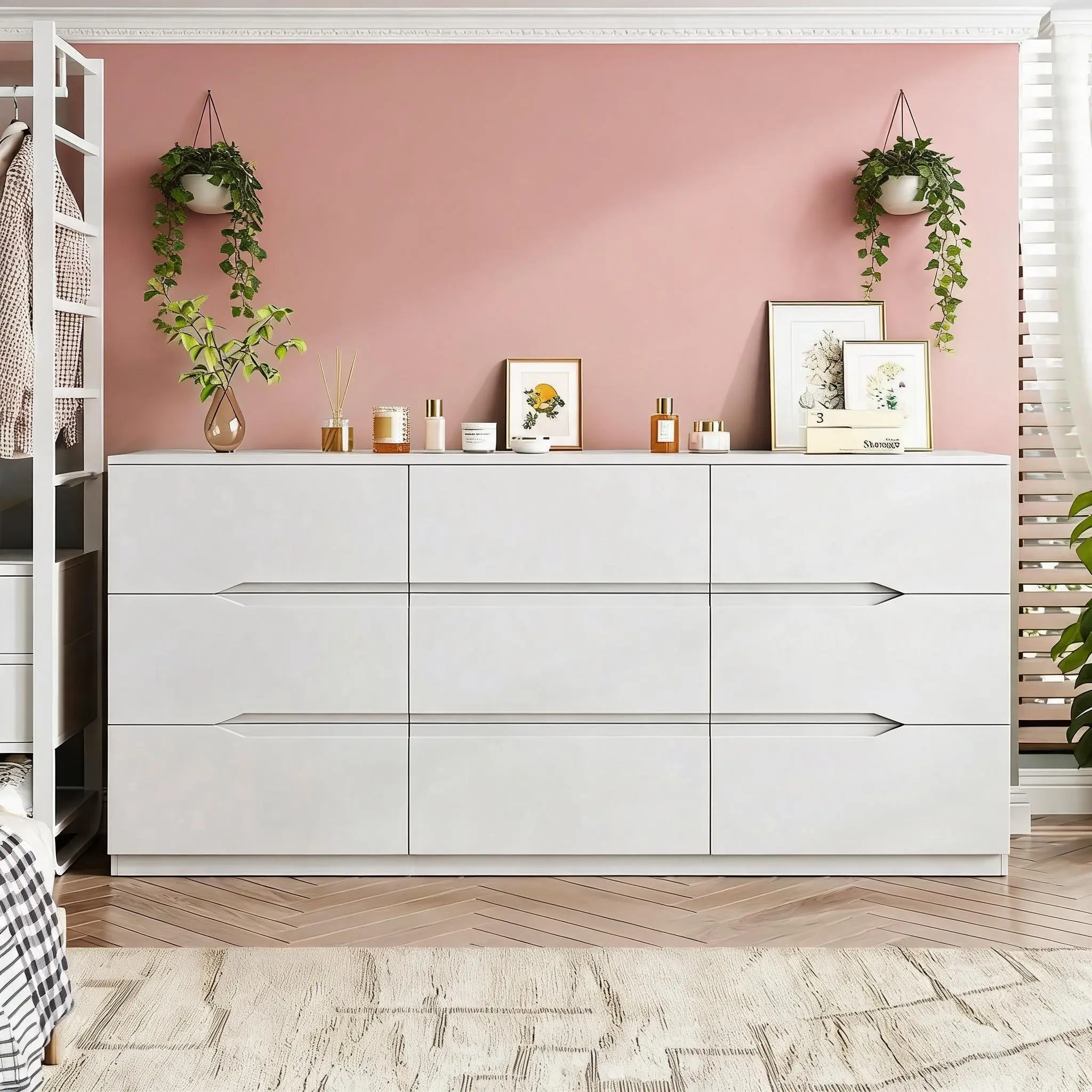 60 Inch Wide Modern MDF Dresser Storage Chest, Groove Handle Large Capacity Clothes Organizer, White Natural Wood Multi-Scene Cabinet for Bedroom Closet Hallway Entryway Office Living Room Home Decor Furniture