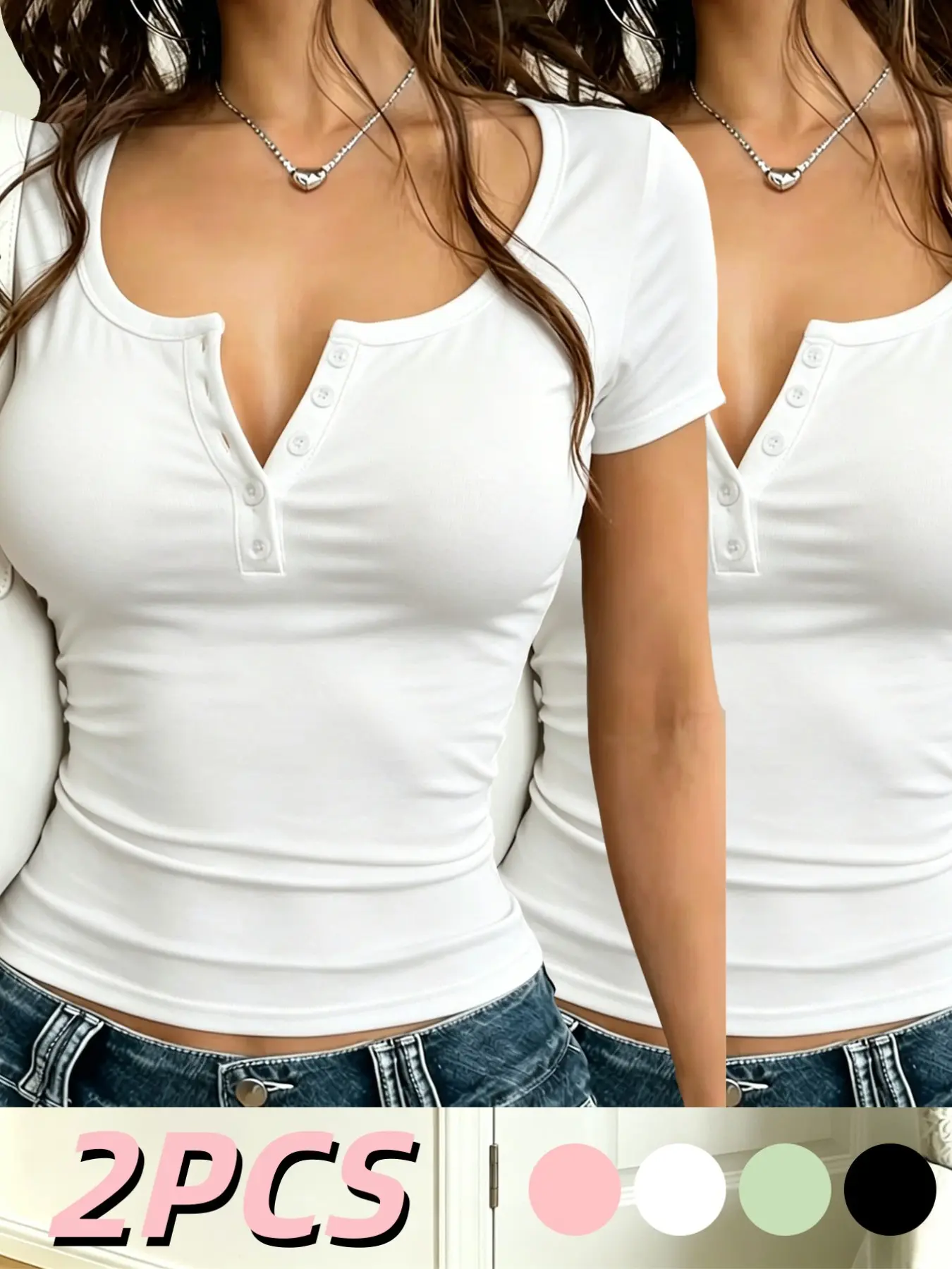 Women's Henry Neck Short Sleeve T-Shirt, Sexy Fitted Compression Wear, Plain Pattern, Breathable and Versatile, Two-Piece Set, Top, Chic