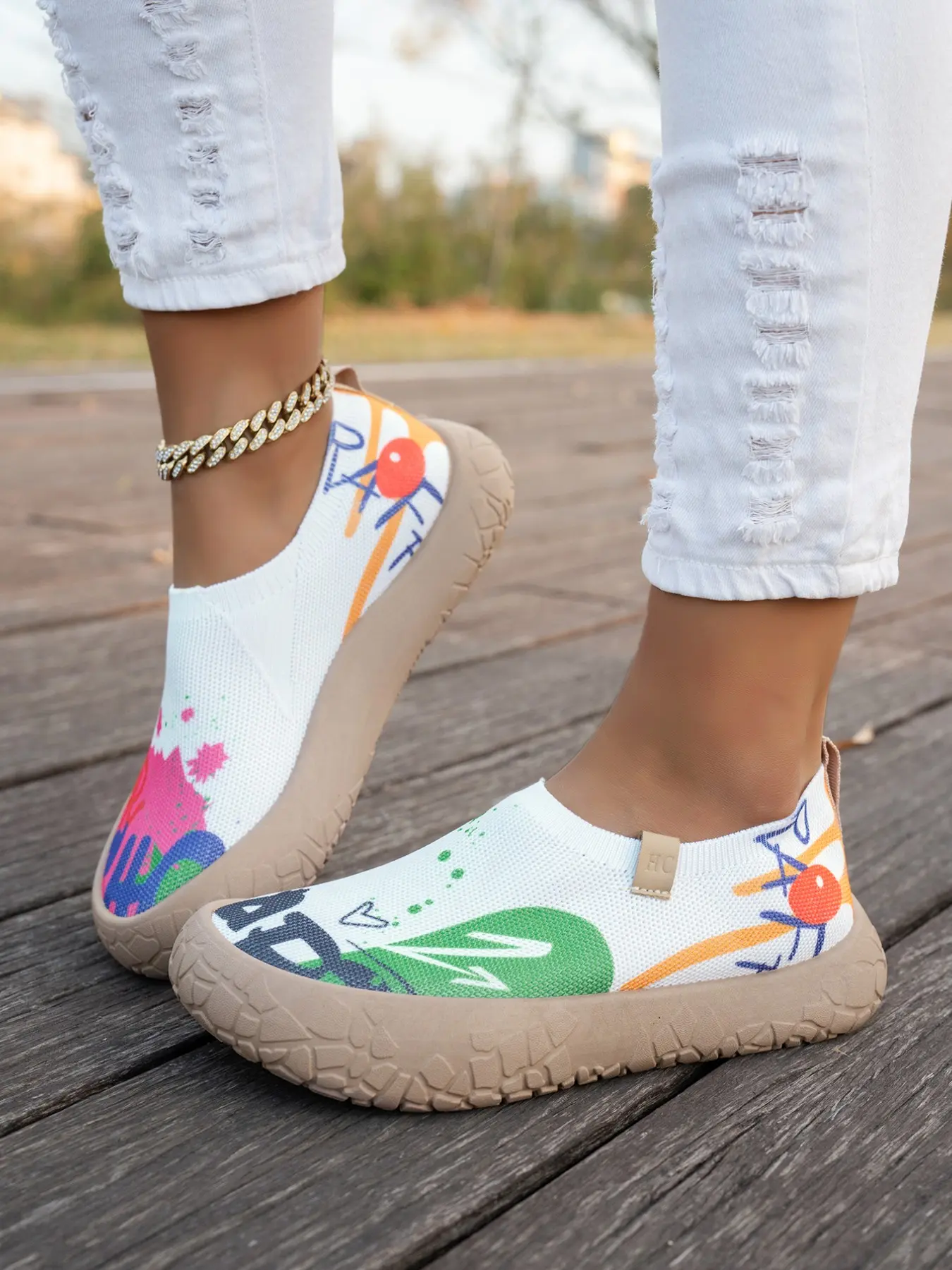 Trendy Graffiti Letter Print Slip-On Women's Shoes, Height-Boosting Anti-Slip Thick Sole, Breathable Mesh Lazy Walkers, Spring Summer Outdoor Casual Leisure Shoes