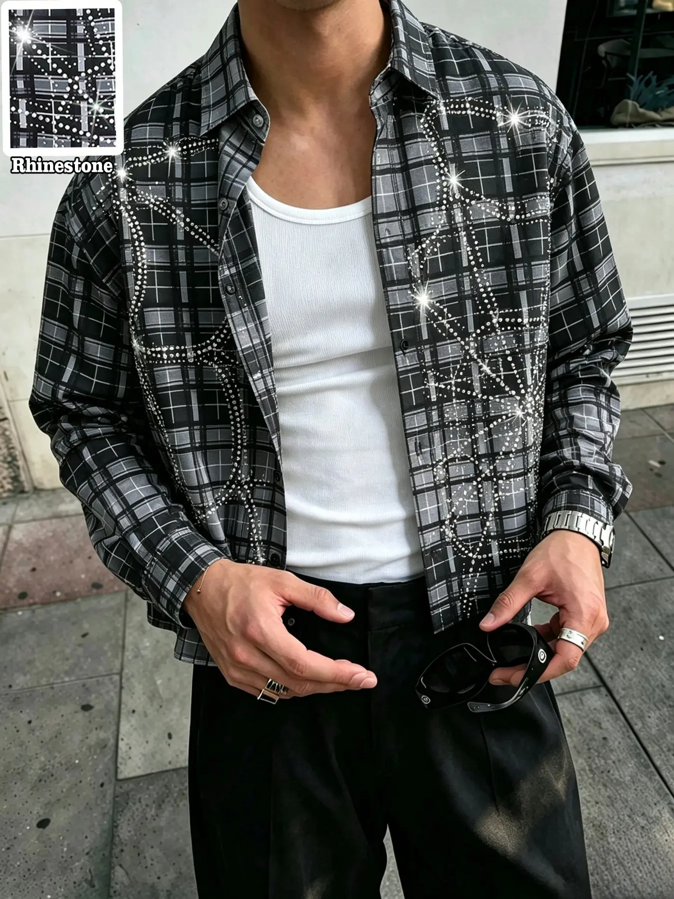 Men's Short Sleeve Plaid Checked Shirt, Checkered Long Sleeve Embroidery Cross Print, Loose Fit Casual Y2K Chicano Gothic Streetwear Jacket
