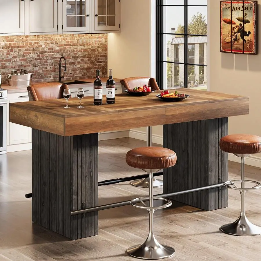 63-Inch Industrial Rectangular Pub Table - 4-6 Seats Counter Height Home Bar Unit with Metal Footrest, Rustic Brown & Black Indoor Furniture for Home Kitchen, Dining Room