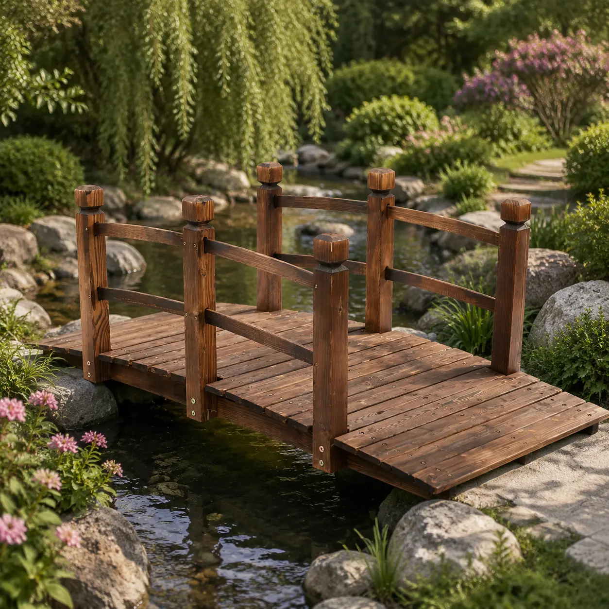 Decorative Wooden Garden Bridge Outdoor Arch Footbridge Carbonized Wood Landscape Bridge for Backyard Courtyard and Pond