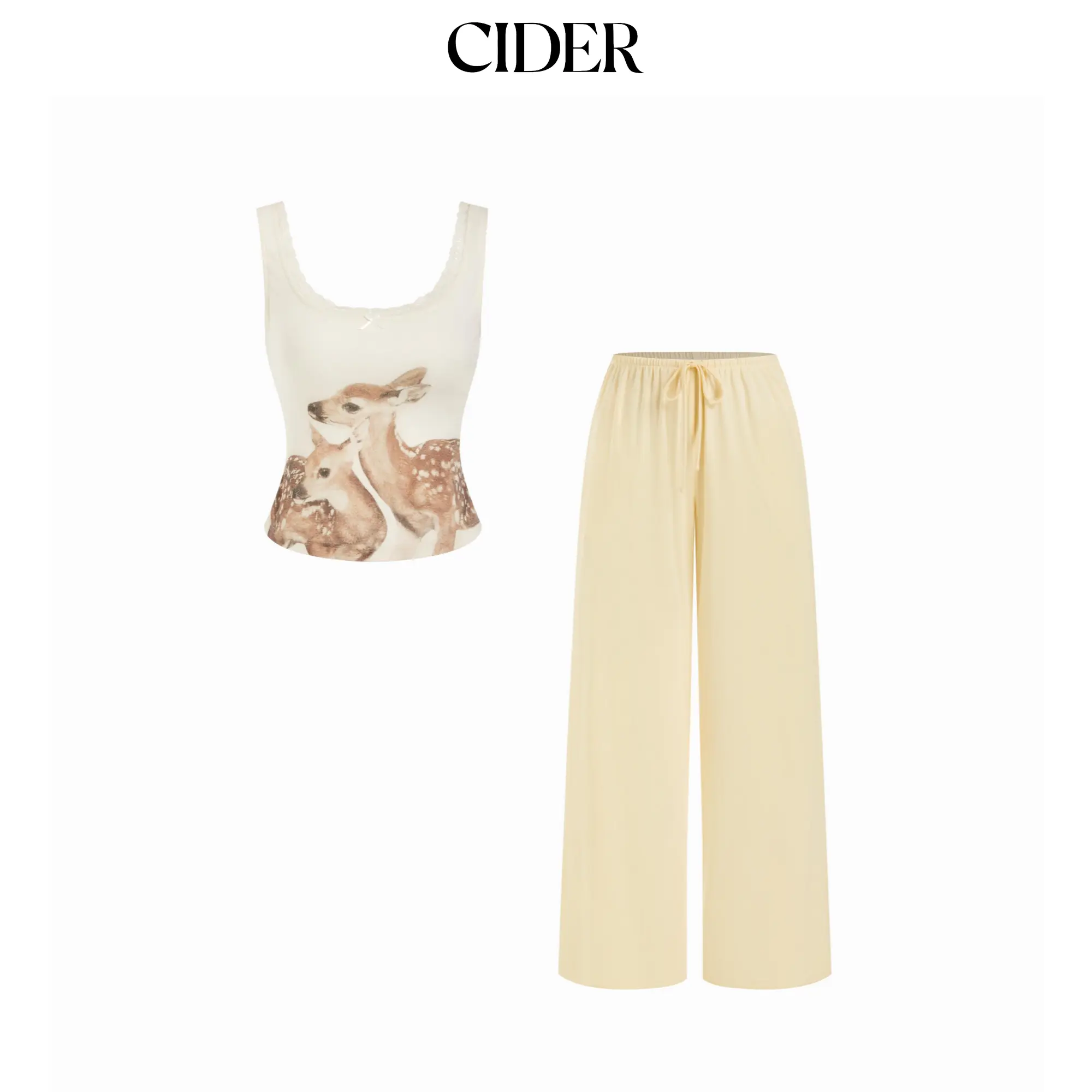 Cider Deer Graphic Square Neck Cropped Tank Top & Mid Rise Drawstring Straight Leg Trousers Loungewear Set