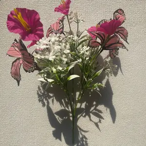 5pcs Outdoor Decorative Artificial Flowers, Eucalyptus Morning Glory Butterfly Ground Stakes, No Watering Needed, Perfect for Gardens & Events