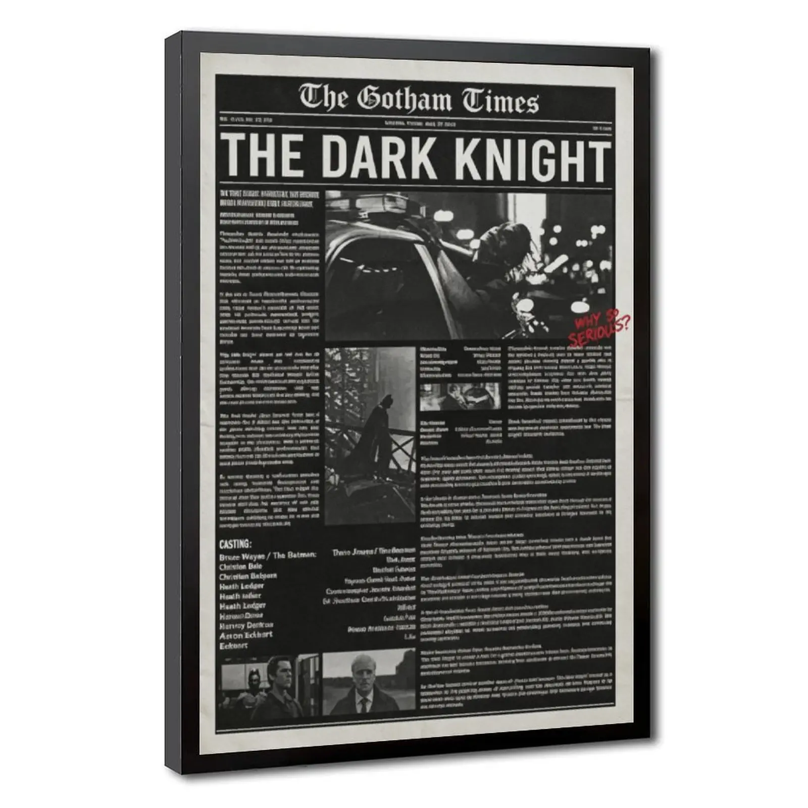The Dark Knight Canvas Wall Art, Gotham Times Newspaper Poster, Batman Movie Artwork Print, Vintage Newspaper Style Decor, Man Cave Bedroom Office Wall Decoration