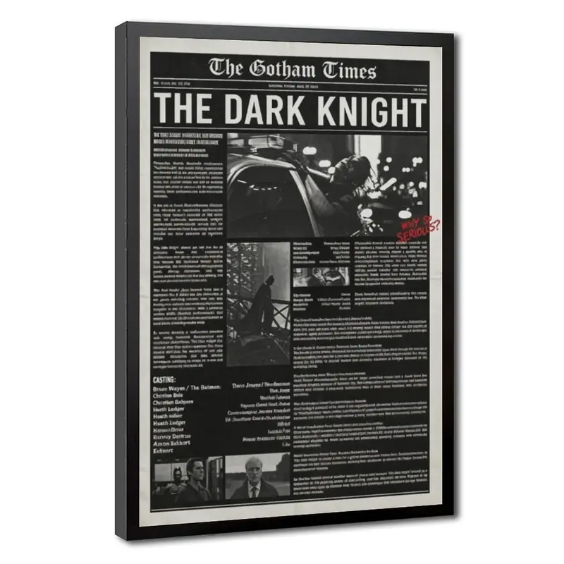 Dark Knight Gotham Times Newspaper Batman Movie Canvas Wall Art Print - Vintage Minimalist Unique Room Decor, Hanging Artwork for Man Cave, Bedroom
