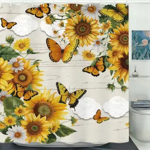 1PC Sunflower and Butterfly Decorative Shower Curtain Fabric Wall Hanging for Bathroom Living Room Bedroom Aesthetic Floral Print Bathroom Wall Decoration Matching Ceiling Decor Home Accessory Rustic Nature Inspired Design Elegant Vibrant Yellow Orange Bl