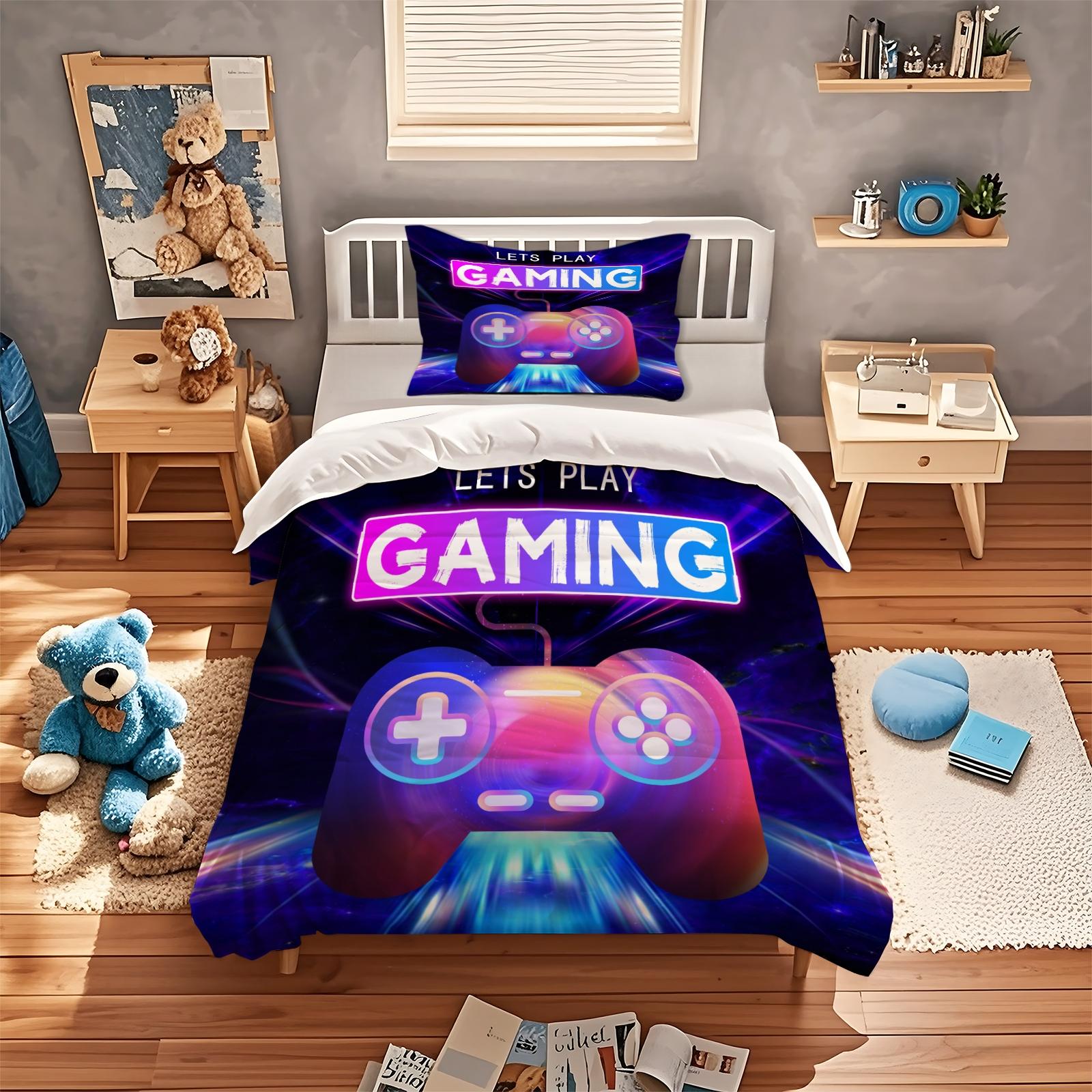 Cool Gaming Controller Pattern Sheet Set with Pillowcase, Soft Polyester Fiber Bedding, Zipper Closure, Breathable, All Seasons Use