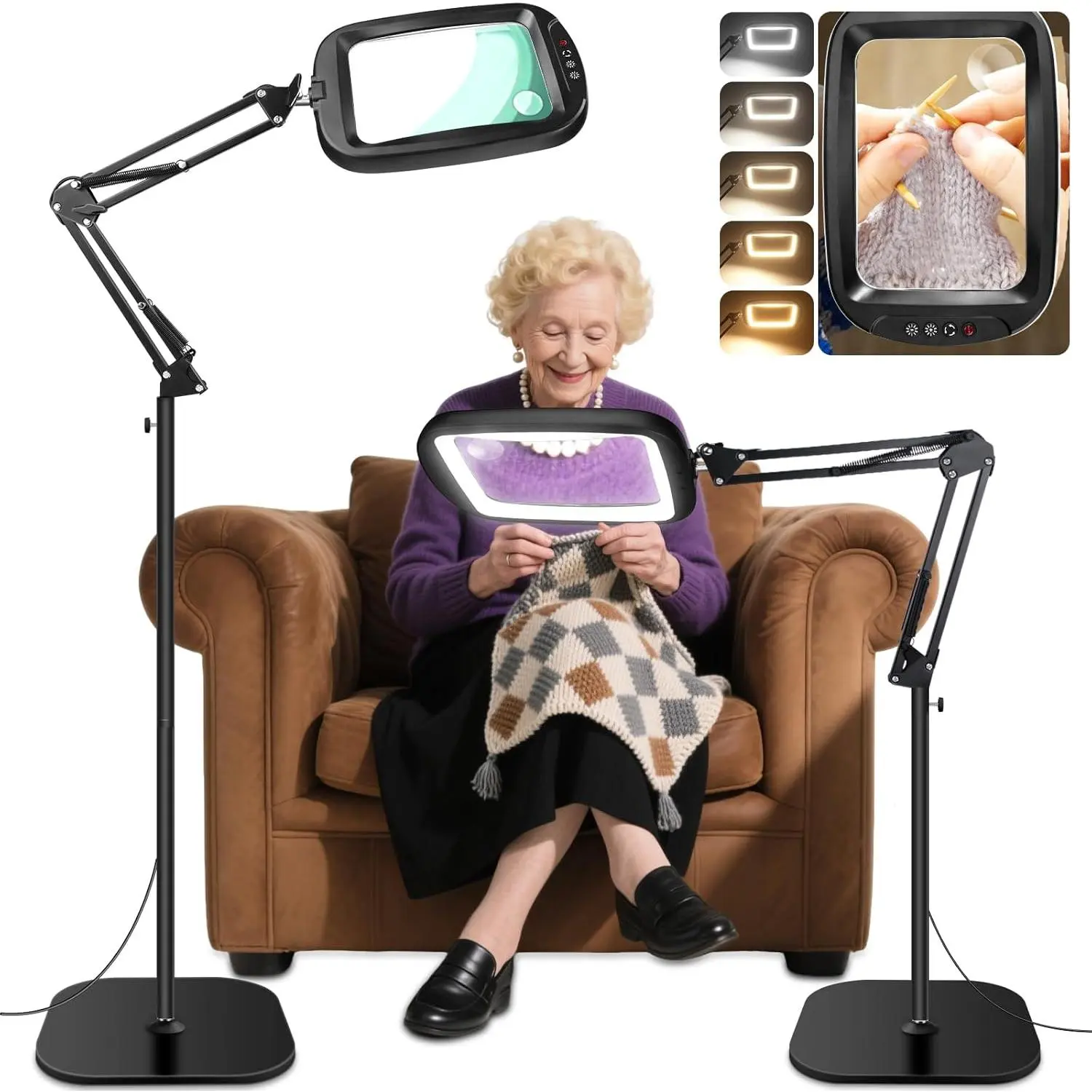 30X 10X Extra Large Floor Magnifying Glass with Light and Stand,7-inch Adjustable Height Floor Magnifying Lamp,2 in 1 Lighted Magnifiers for Close Work, Sewing,Crafts,Hobbies,Reading,Black